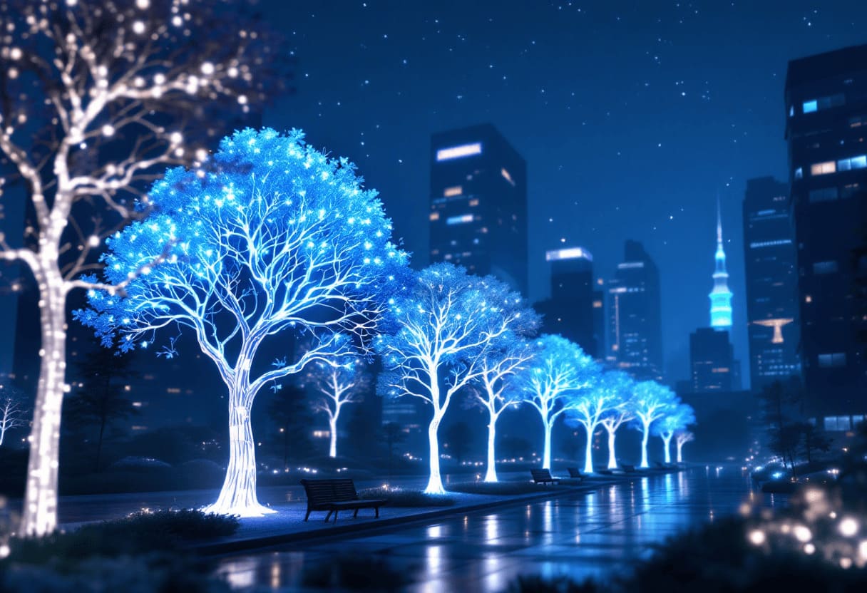 bioluminescent trees glowing blue in night city