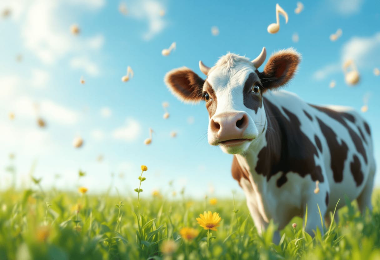 happy cow in green pasture