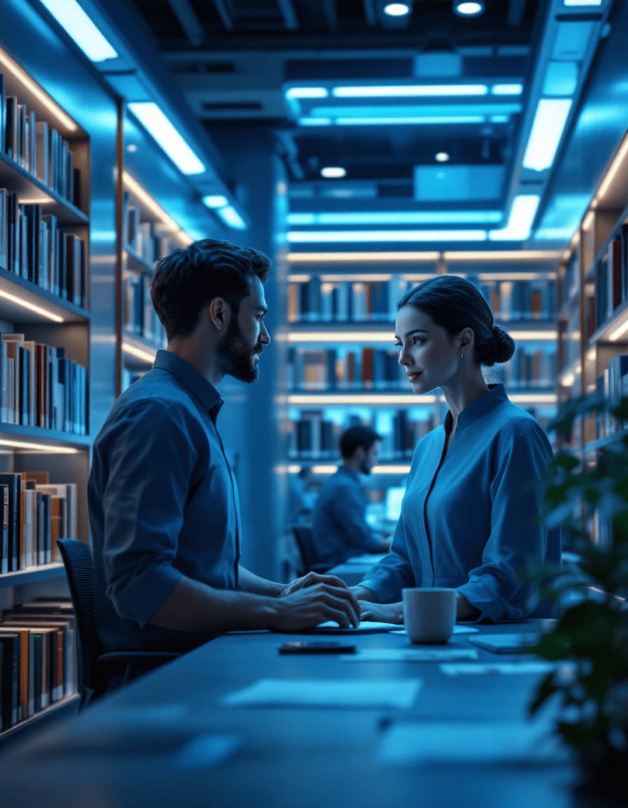 human and AI working together in futuristic library