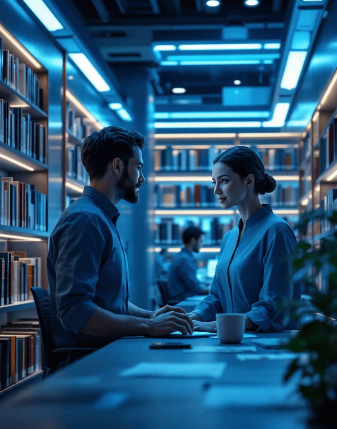 human and AI working together in futuristic library