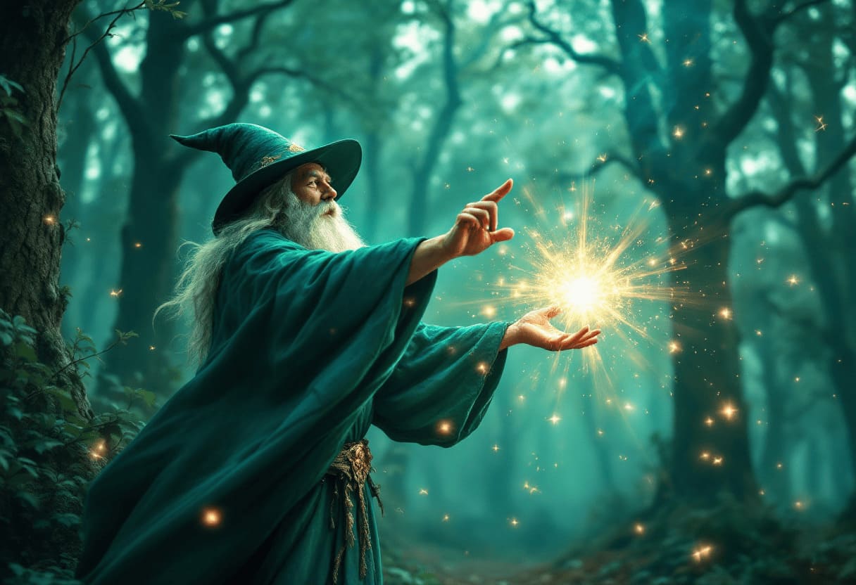 mystical wizard casting spell in enchanted forest