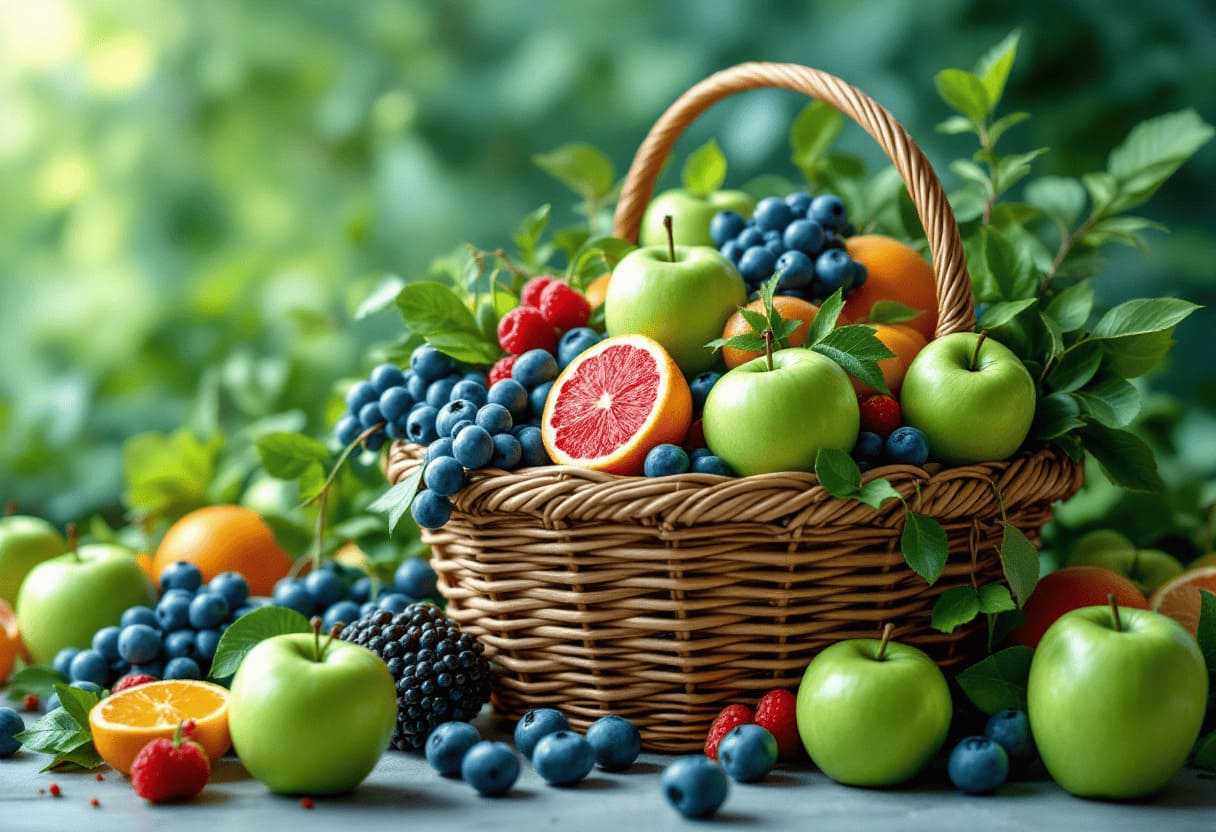 seasonal fruits basket with apples, berries, and citrus