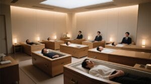 Meditationssitzungen in Särgen in einem Tokioter Entspannungssalon