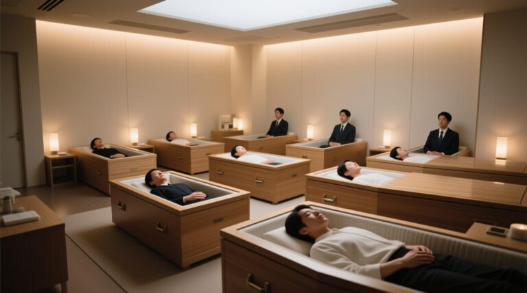Meditationssitzungen in Särgen in einem Tokioter Entspannungssalon