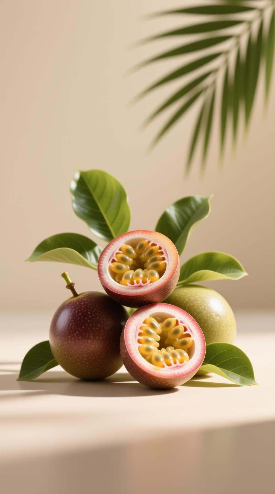 fresh passion fruit with tropical leaves