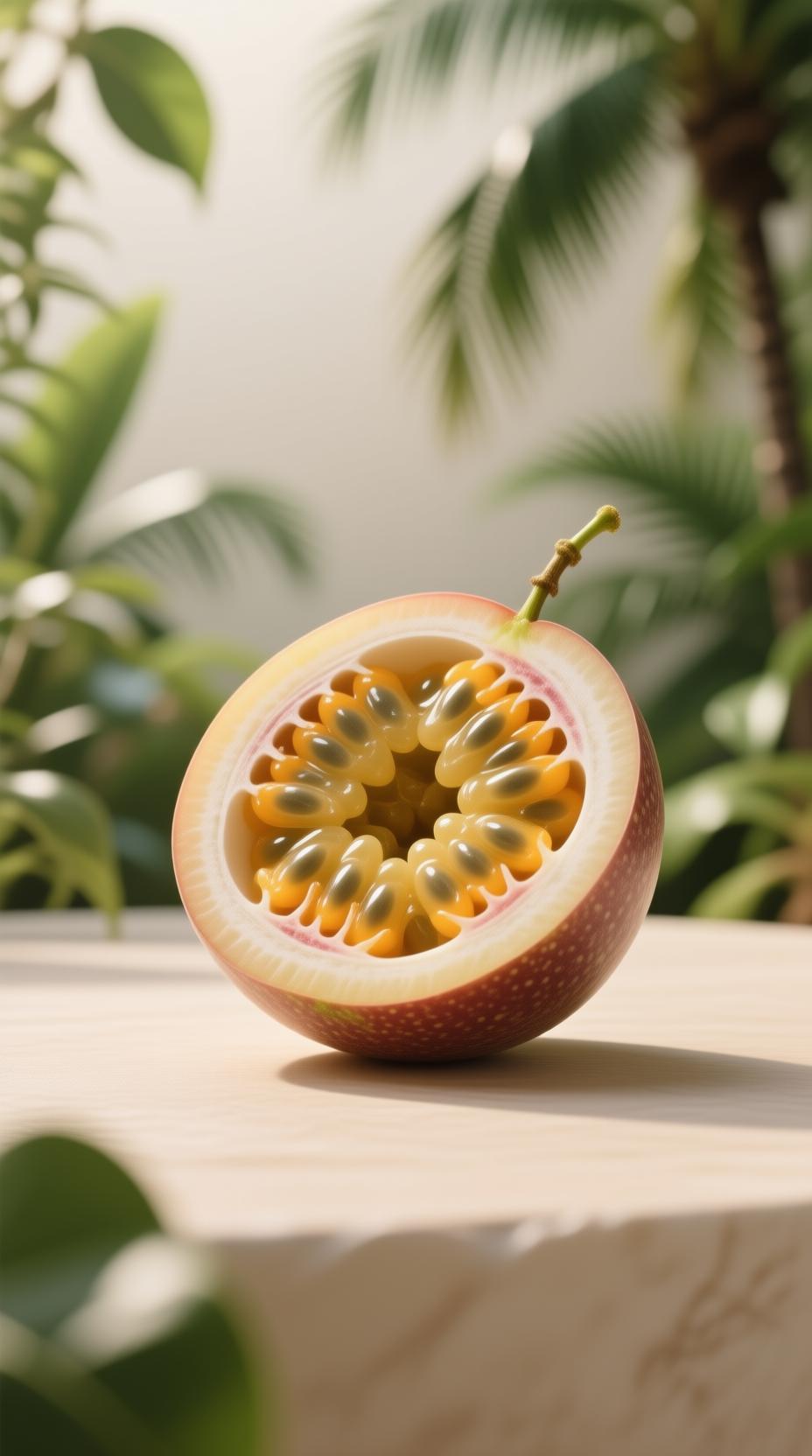 passion fruit cut in half on tropical background