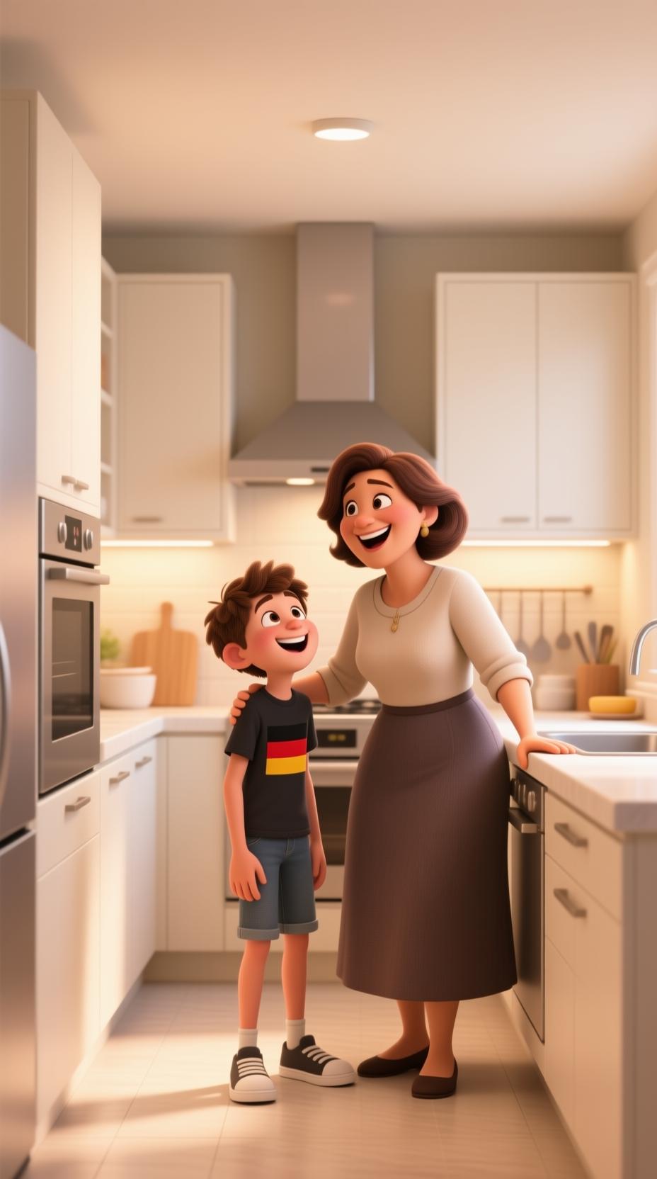 German mother and teenager laughing together in modern kitchen