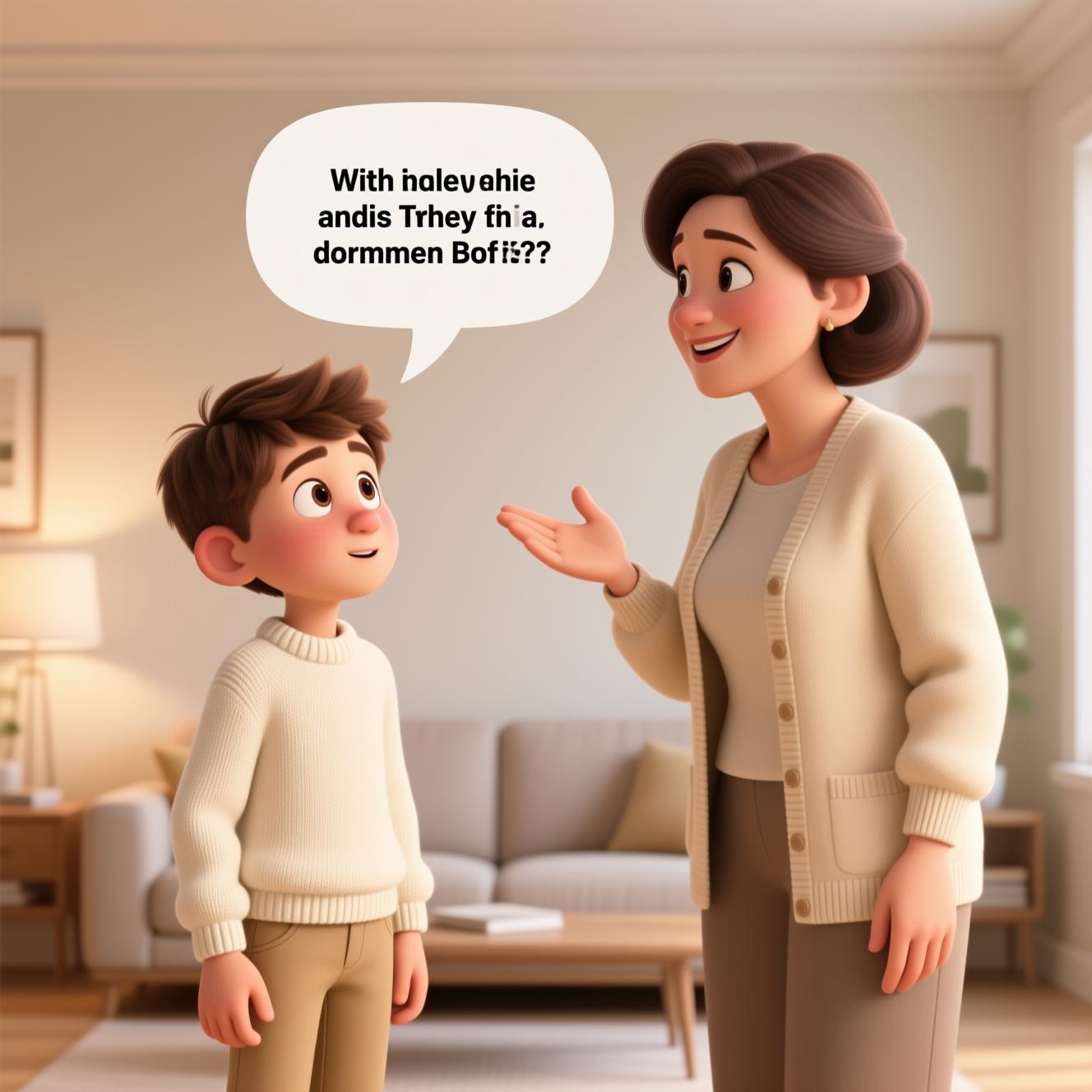 German teenager asking question to mother with speech bubble