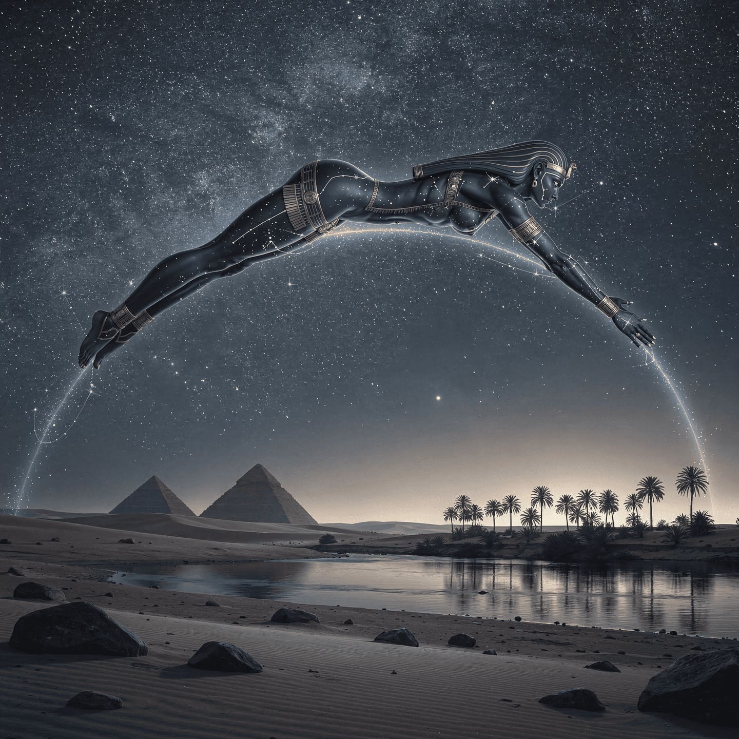 ancient egyptian goddess nut sky goddess arched over earth stars painted