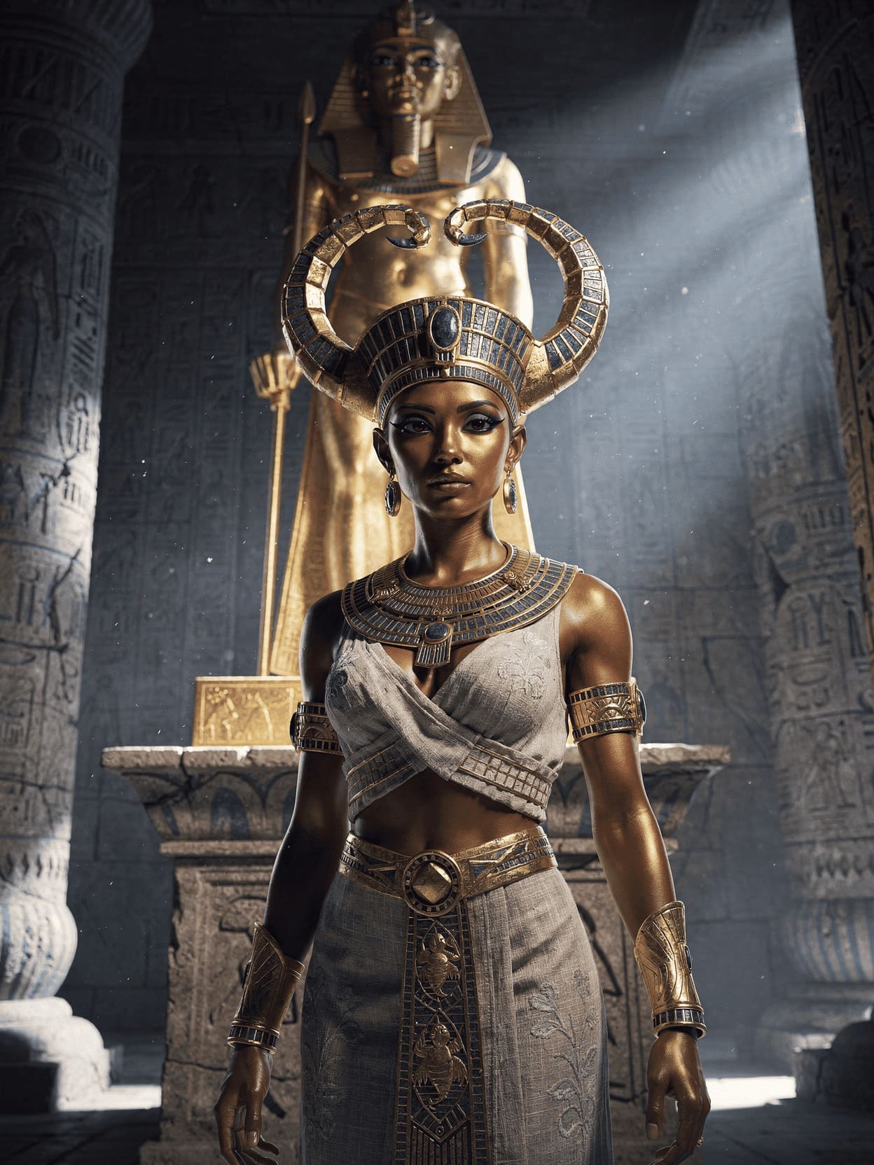 ancient egyptian goddess selket scorpion headdress protecting statue golden