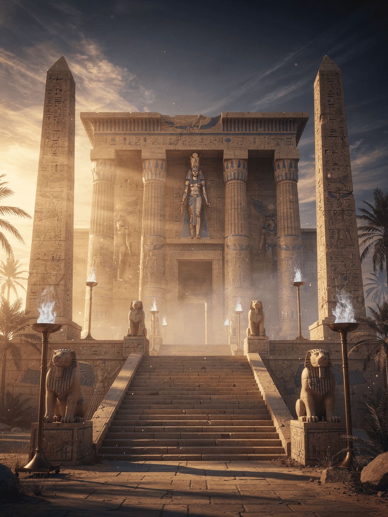 ancient egyptian goddess temple golden sunset mystical atmosphere