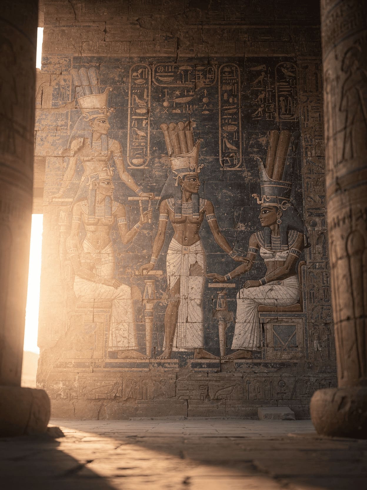 ancient egyptian goddesses temple wall painting golden sunset panoramic