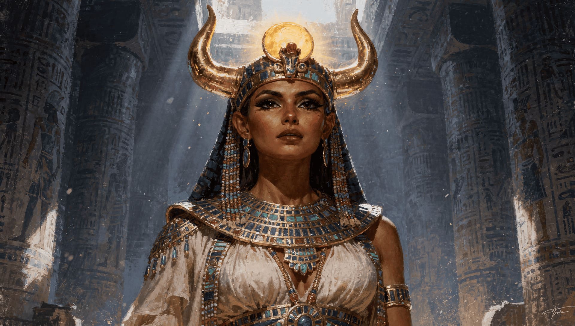 ancient egyptian hathor cow horns sun disk goddess painting