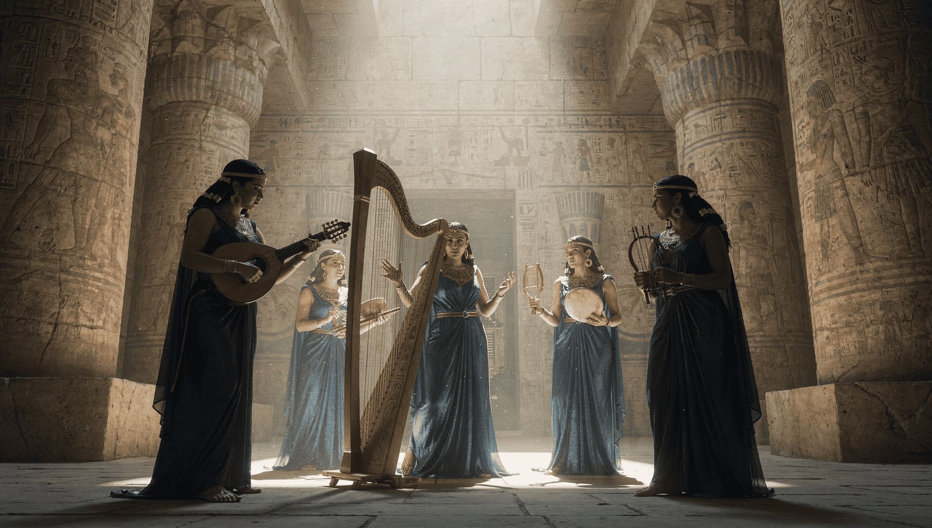 ancient egyptian musicians women playing instruments temple