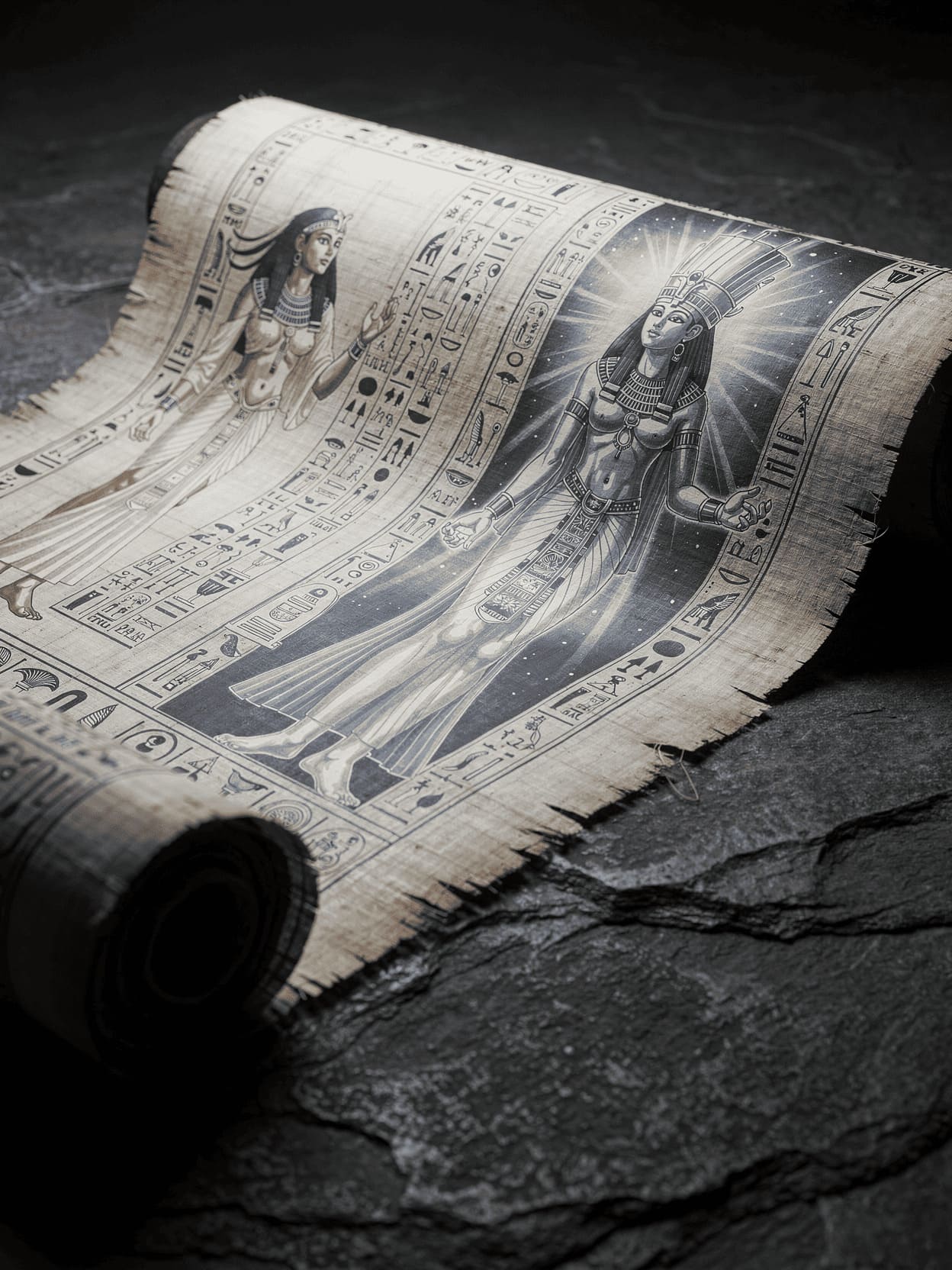 ancient egyptian papyrus goddess transformation scenes colorful artwork