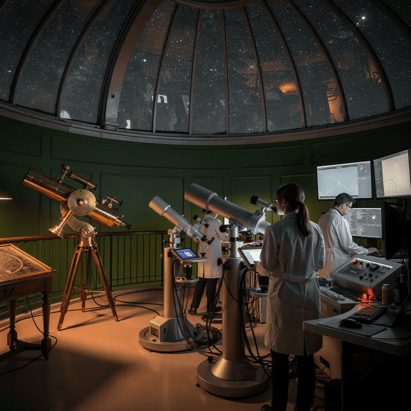 astronomers observing through telescopes at night observatory