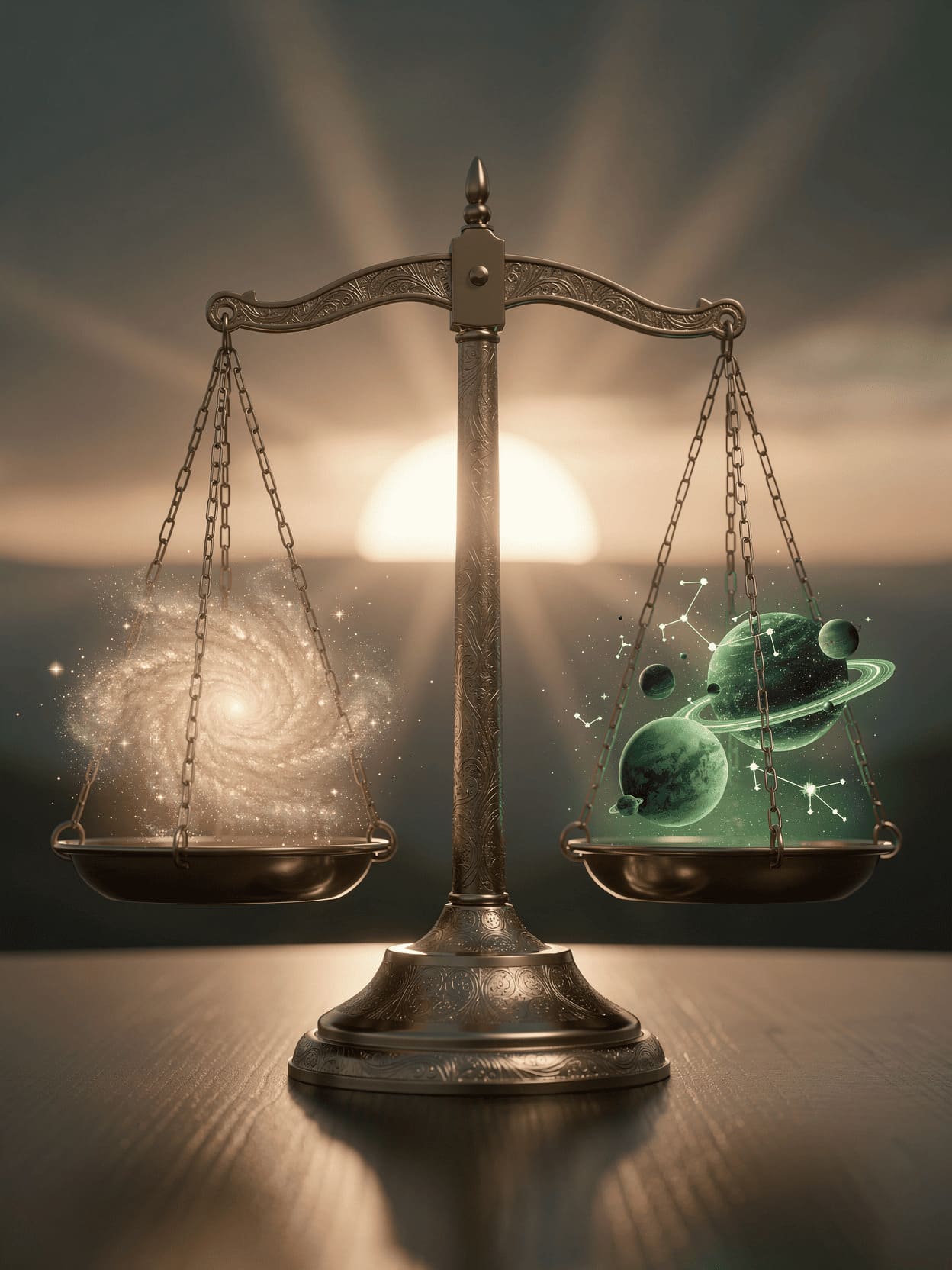 balance scales with cosmic elements and new beginnings sunrise