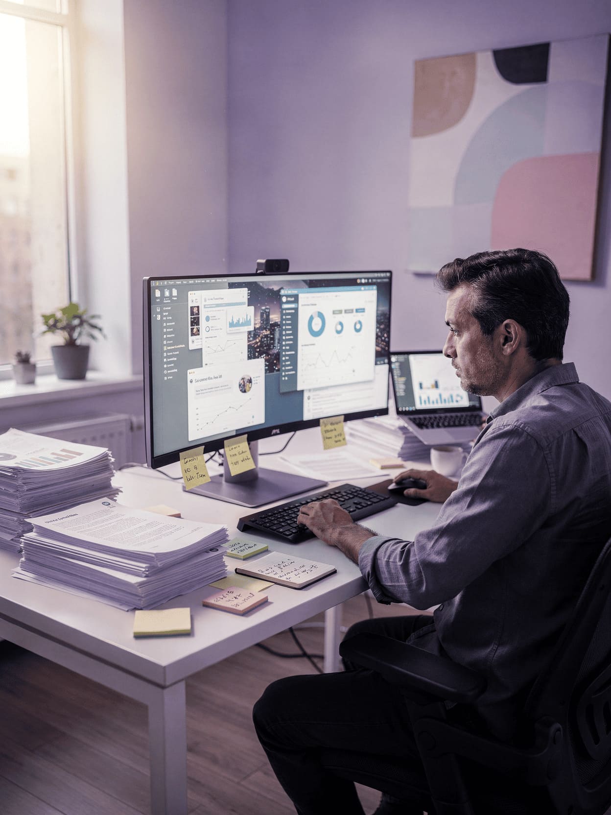 busy office worker overwhelmed with tasks, escape through work