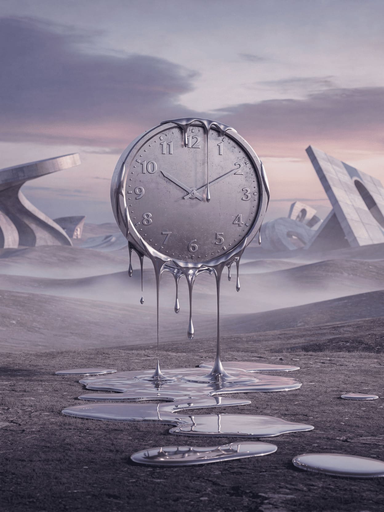 clock melting in surreal landscape, time concept