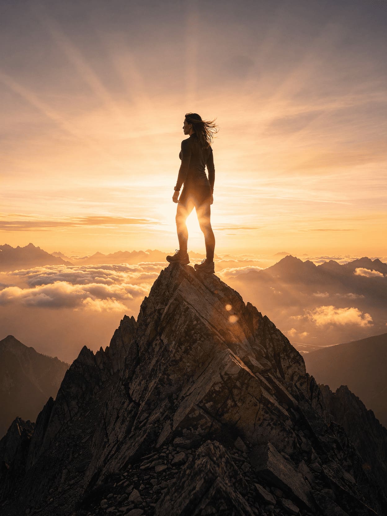 confident leader standing at mountain peak with sunrise