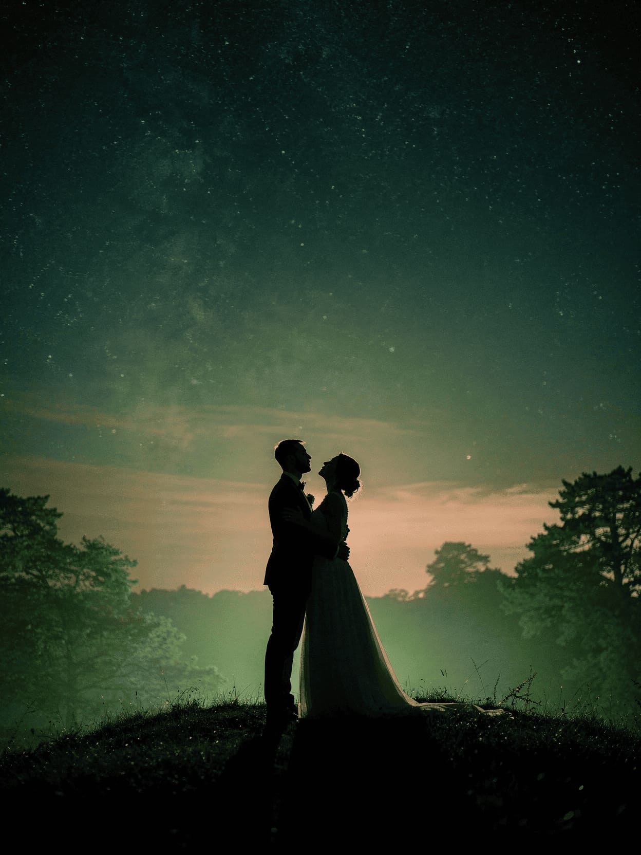 couple silhouette against starry sky romantic atmosphere