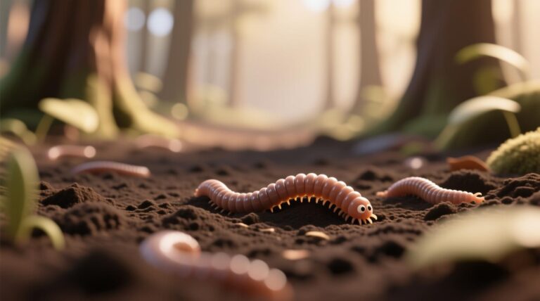 dark forest floor with earthworms in soil macro photography