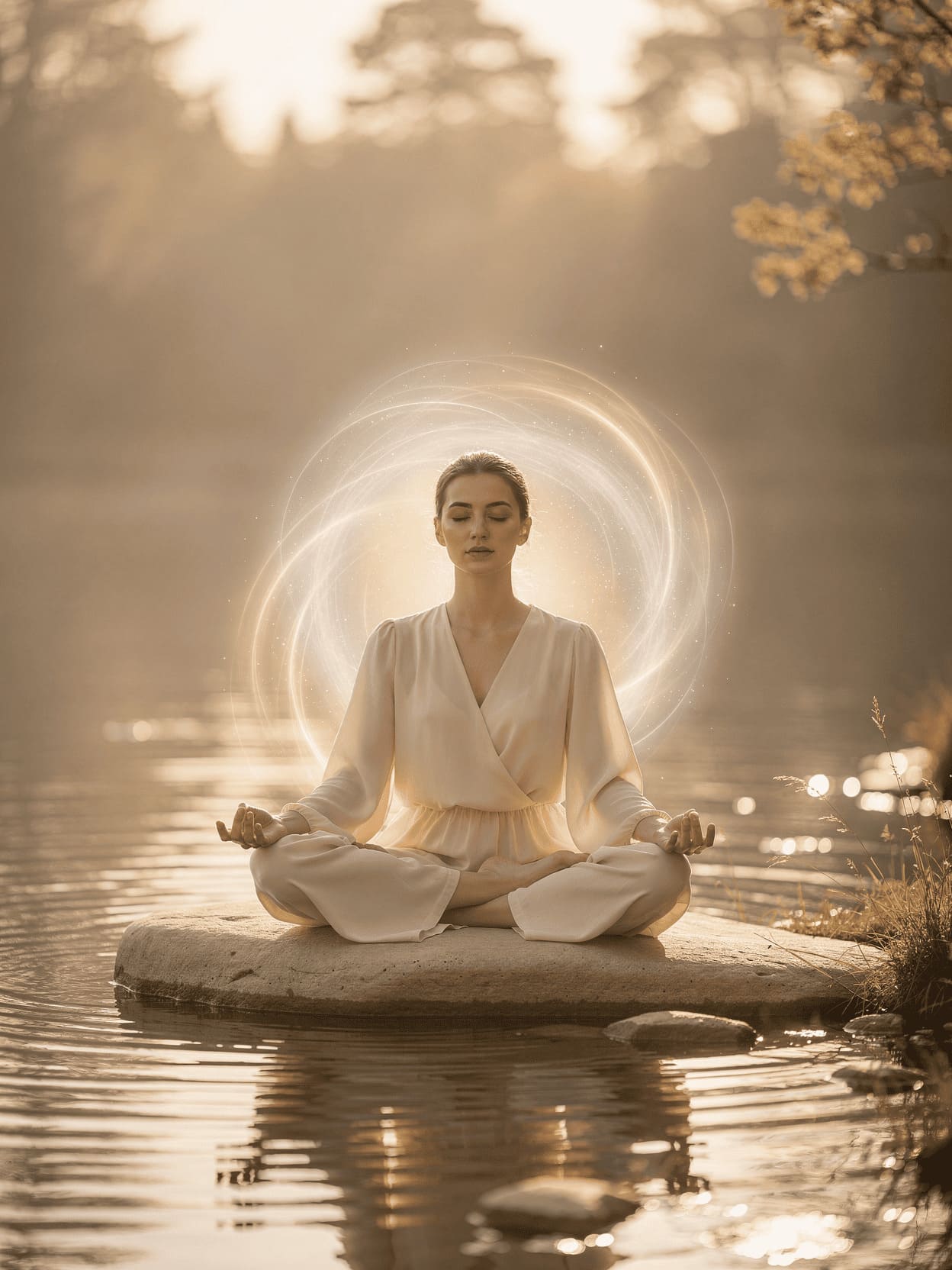 ethereal glowing energy field surrounding a meditating person in peaceful natural setting
