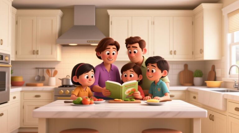 family learning together in kitchen