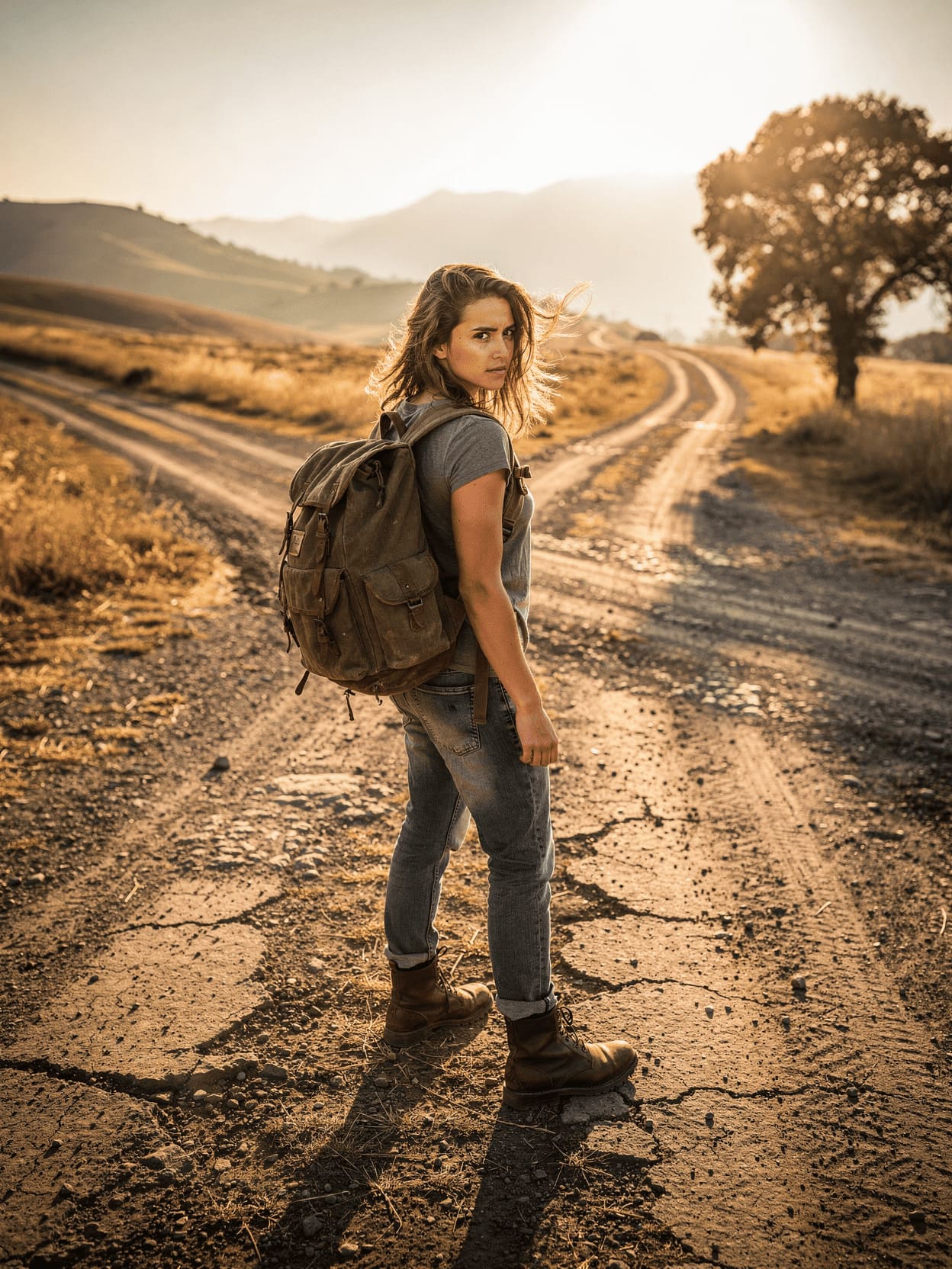 free-spirited traveler with backpack standing at crossroads