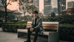 lonely young person sitting alone in modern urban environment