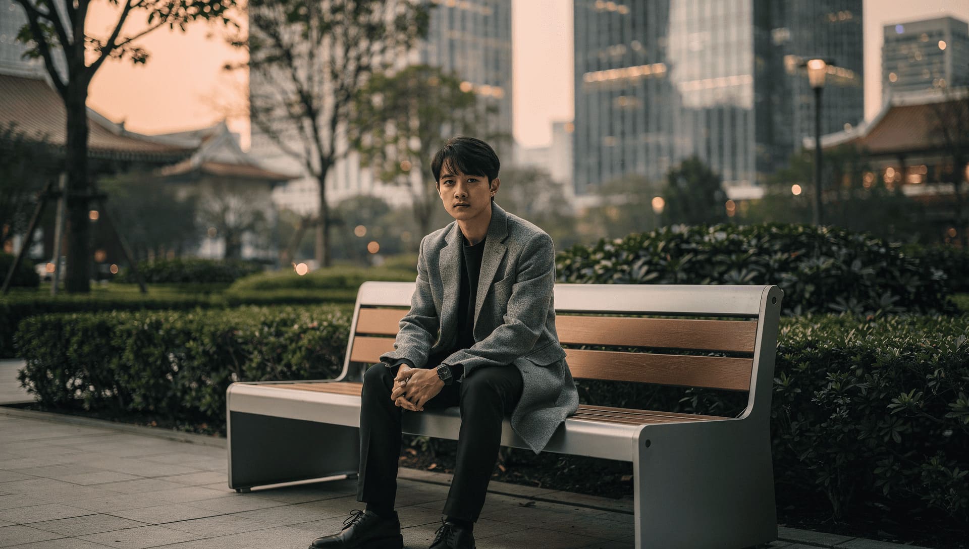 lonely young person sitting alone in modern urban environment