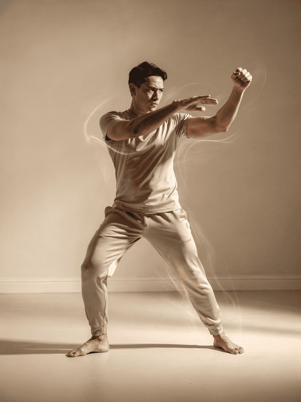 martial artist in dynamic fighting stance with energy flowing through body,