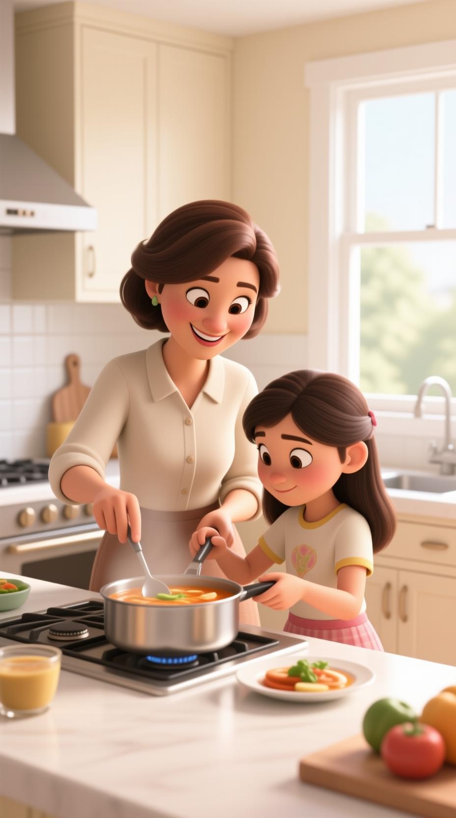 mother and teenage daughter cooking soup together in bright kitchen