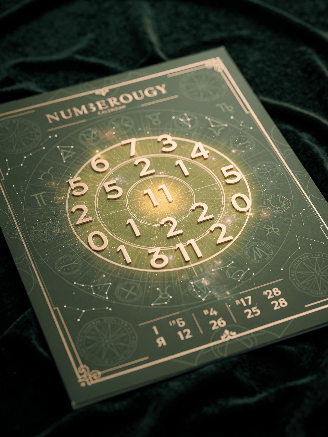 mystical numerology calendar with cosmic energy and numbers glowing