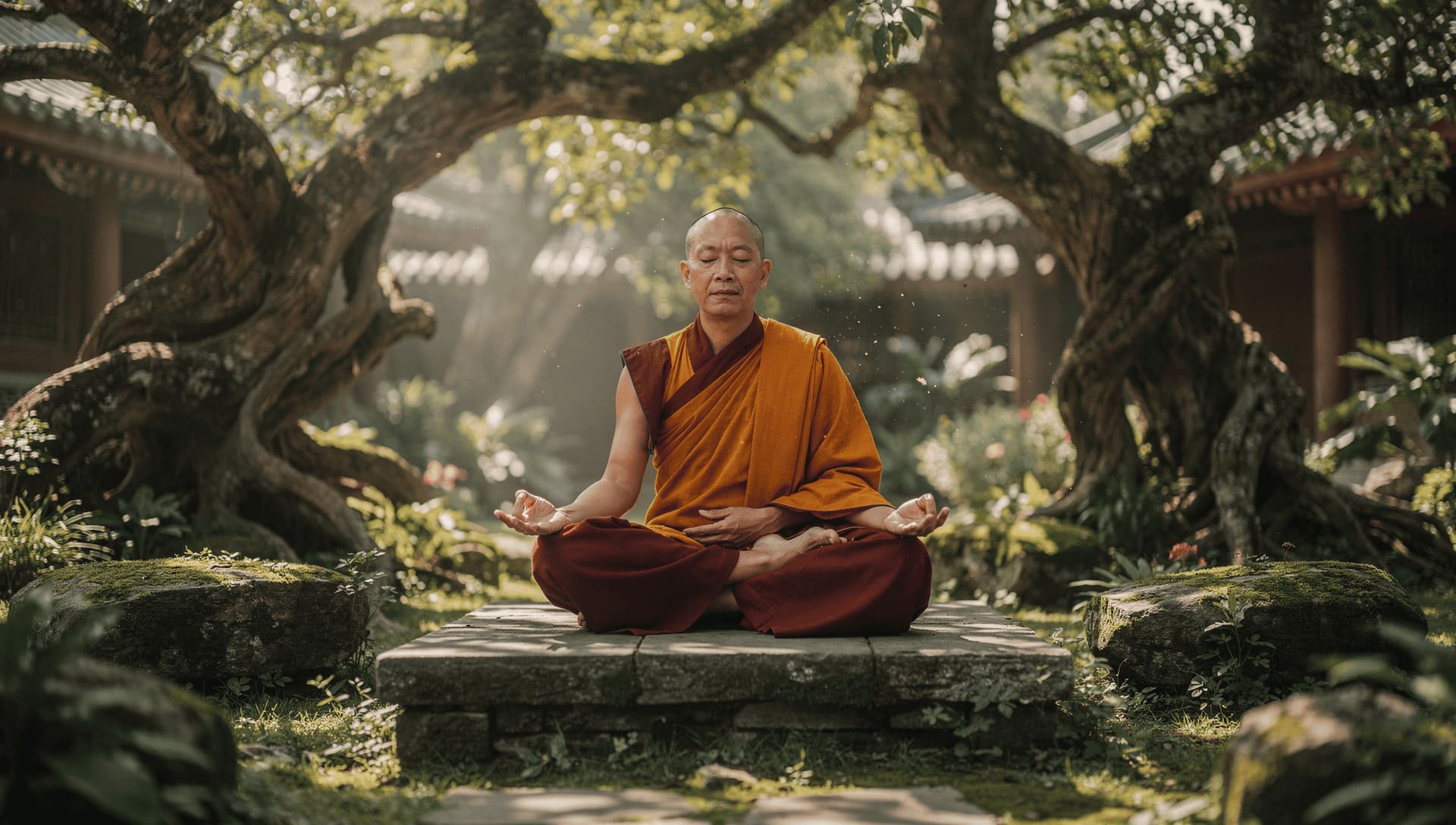 peaceful monk meditating in serene temple garden with ancient trees