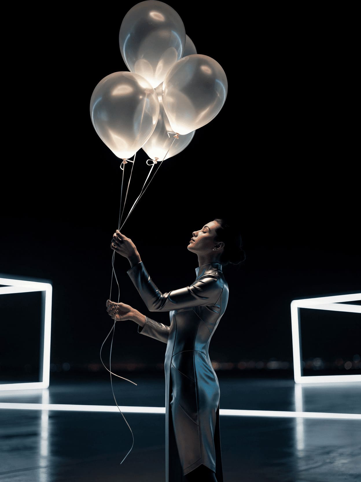 person letting go of strings attached to balloons floating away into sky,