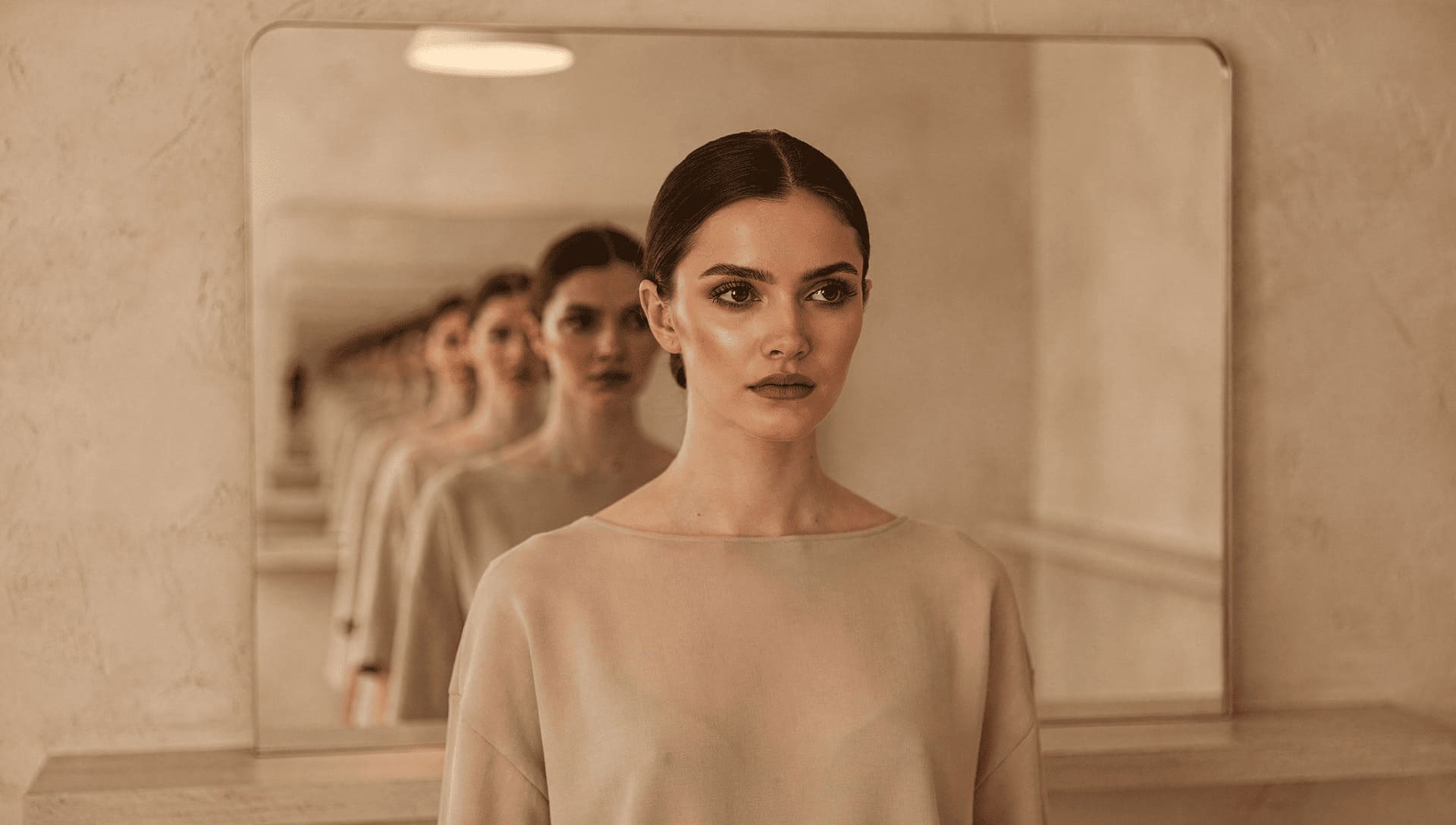 person looking into mirror seeing infinite reflections