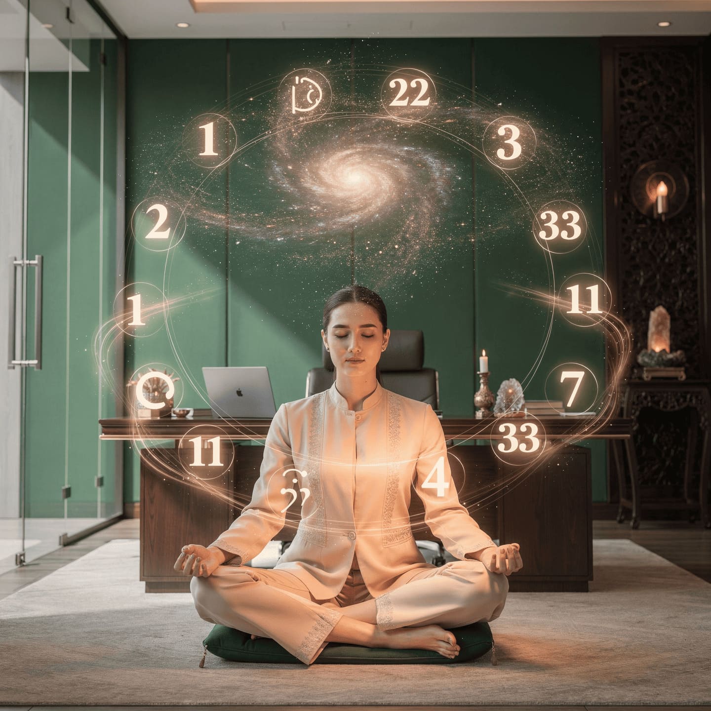 person meditating with numerology symbols and cosmic energy