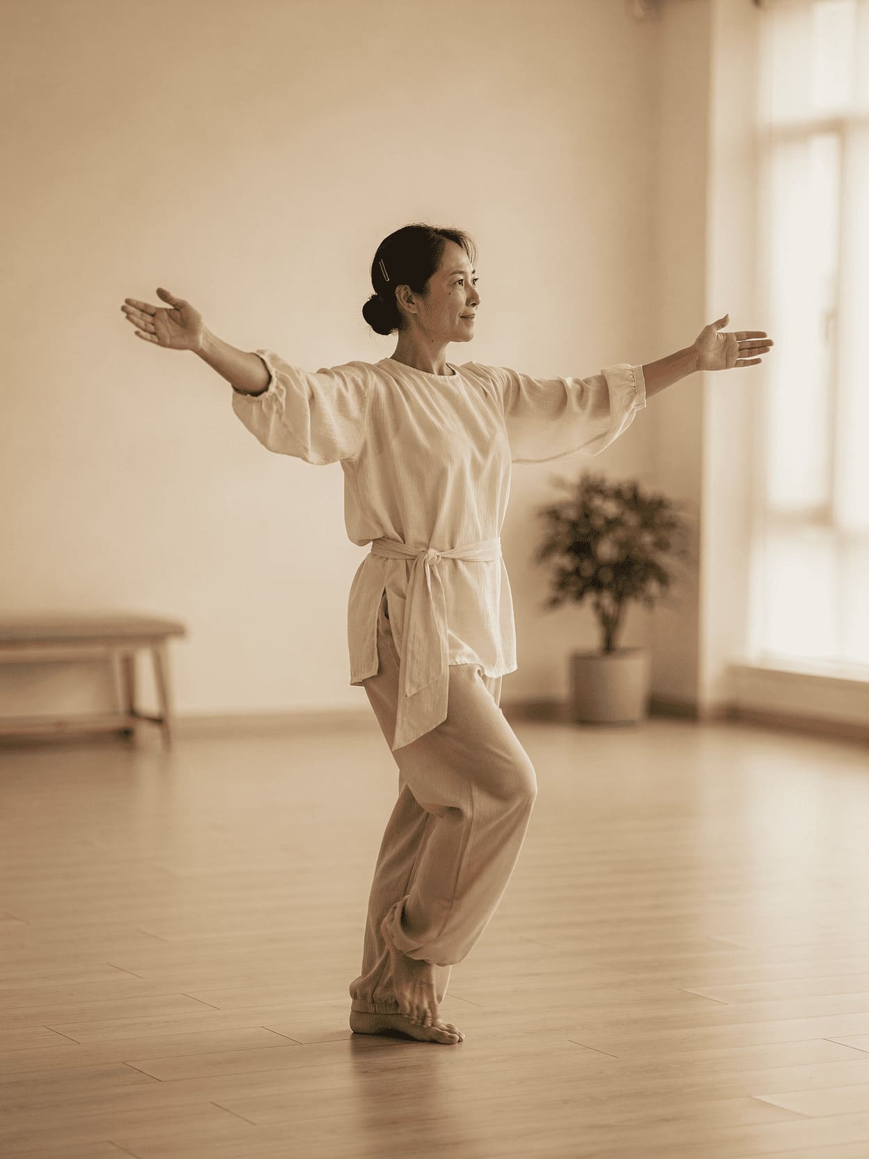 person performing flowing chinese warm-up exercises in serene indoor space