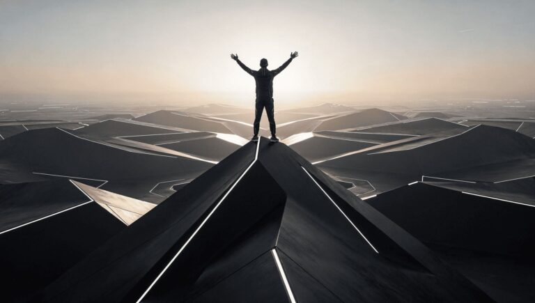 person standing on mountain peak at sunrise