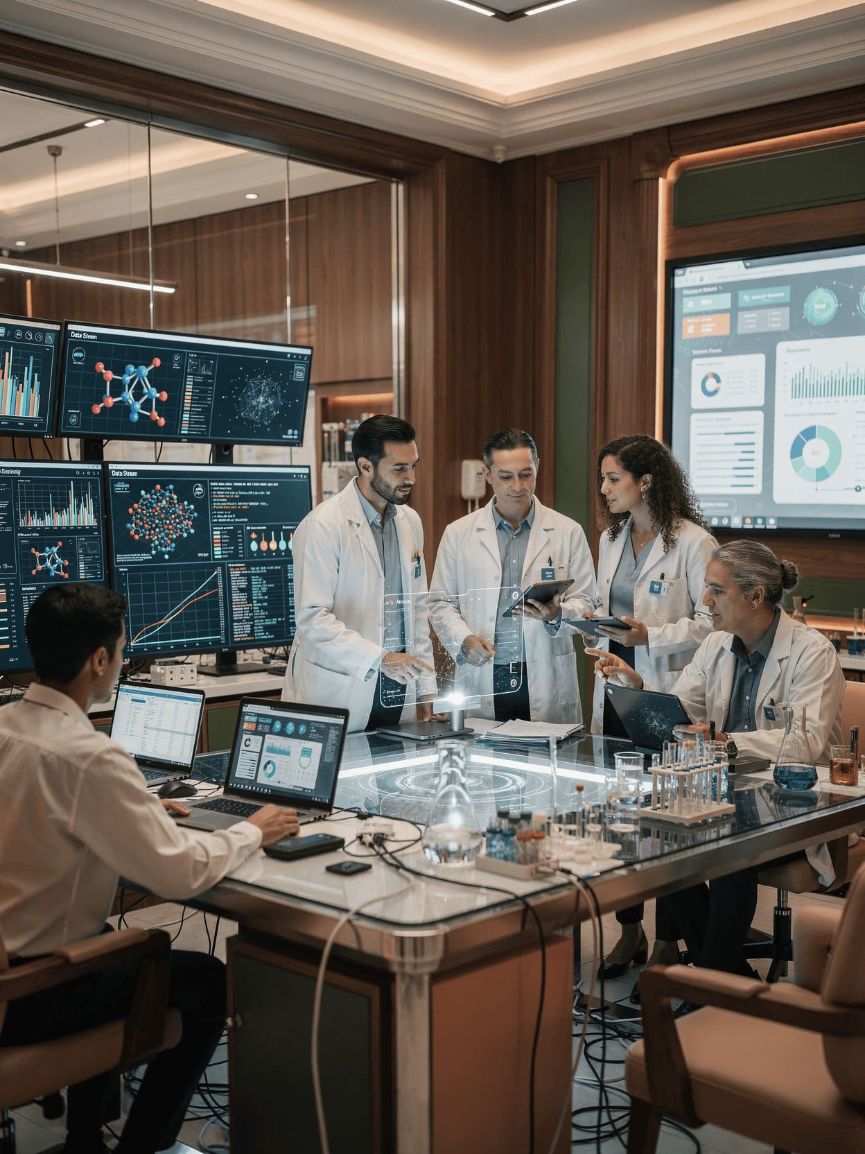 scientists in modern research facility analyzing data on large screens