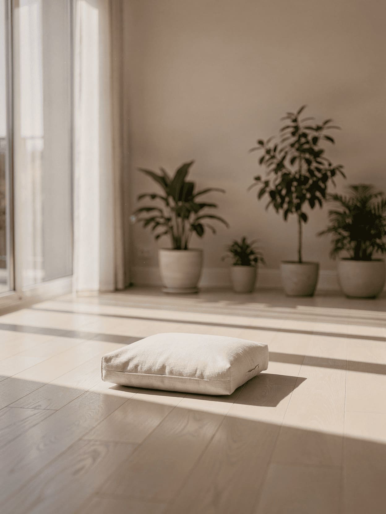 serene meditation space with soft natural light streaming through windows