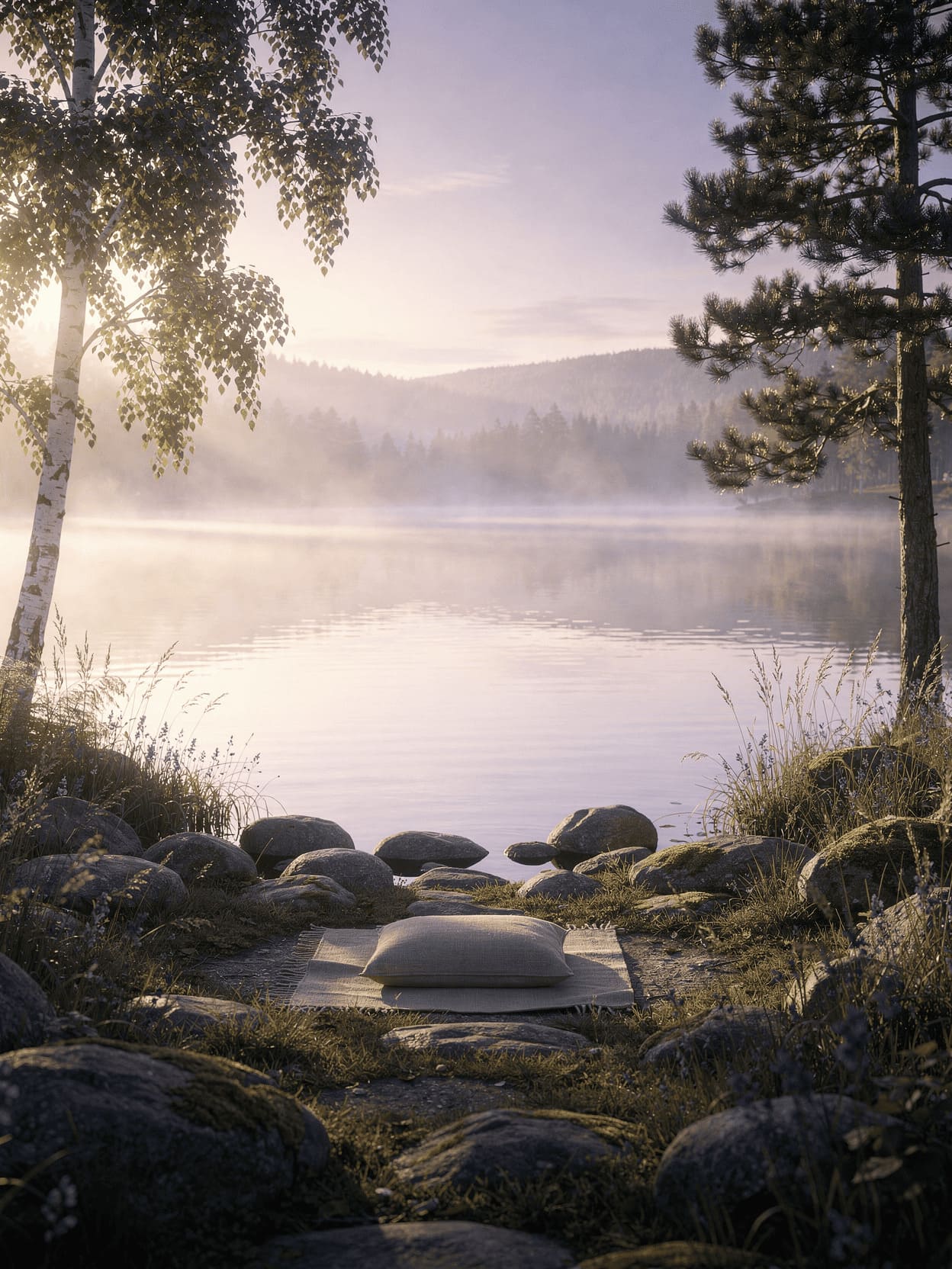 serene natural landscape with morning light, philosophical atmosphere