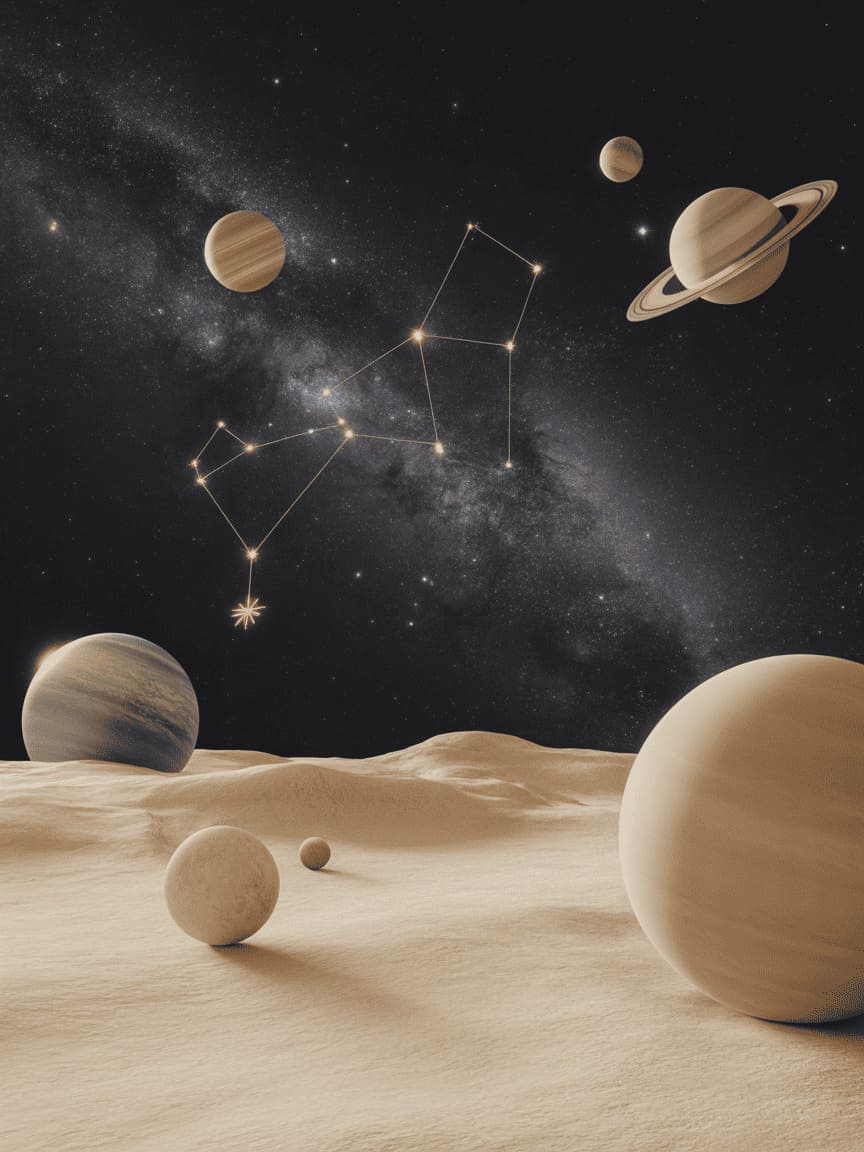 starry night sky with planets and constellations, cosmic view