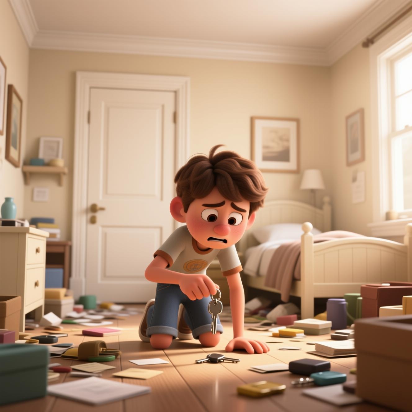 teenager searching for keys in messy room