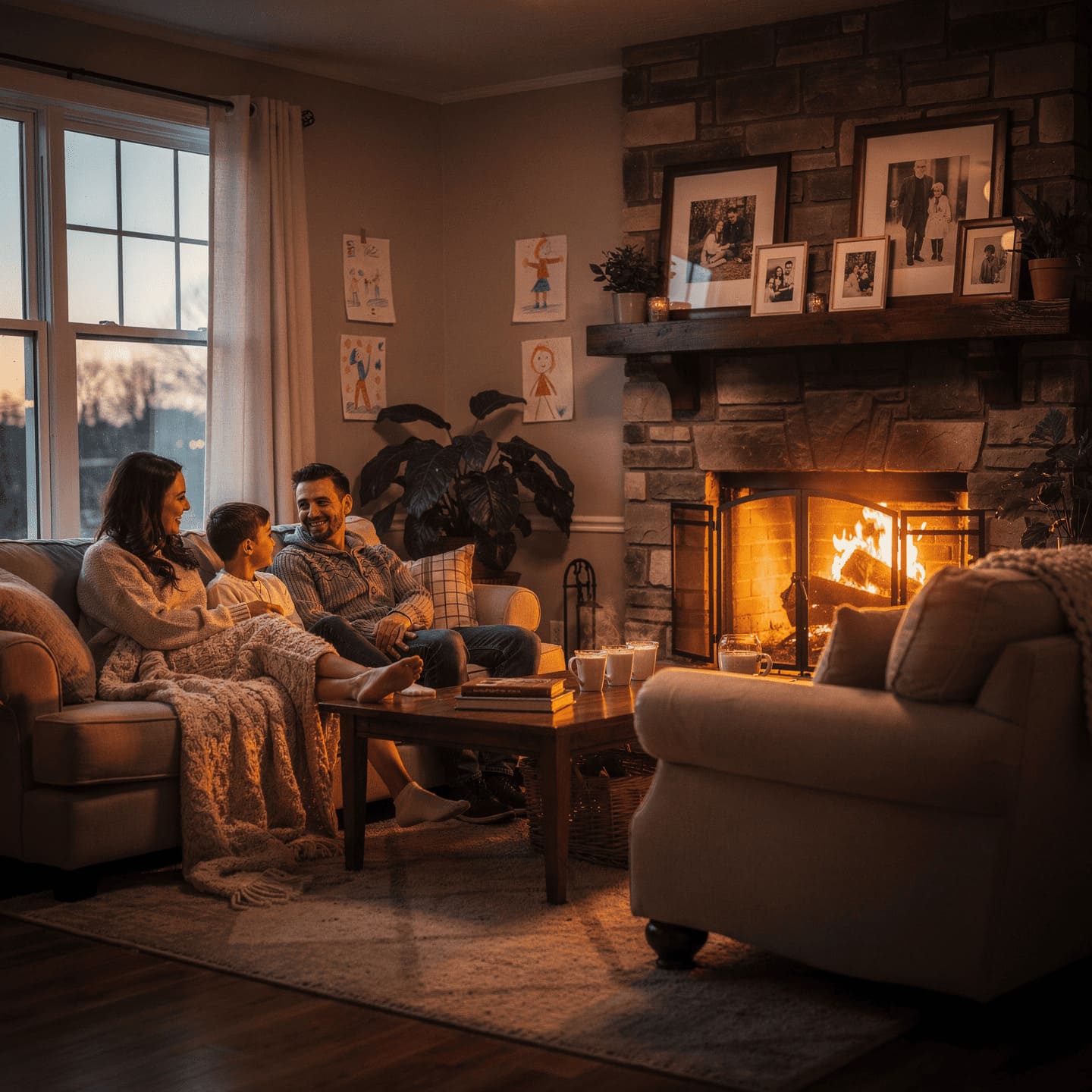 warm cozy home interior with family gathered around fireplace