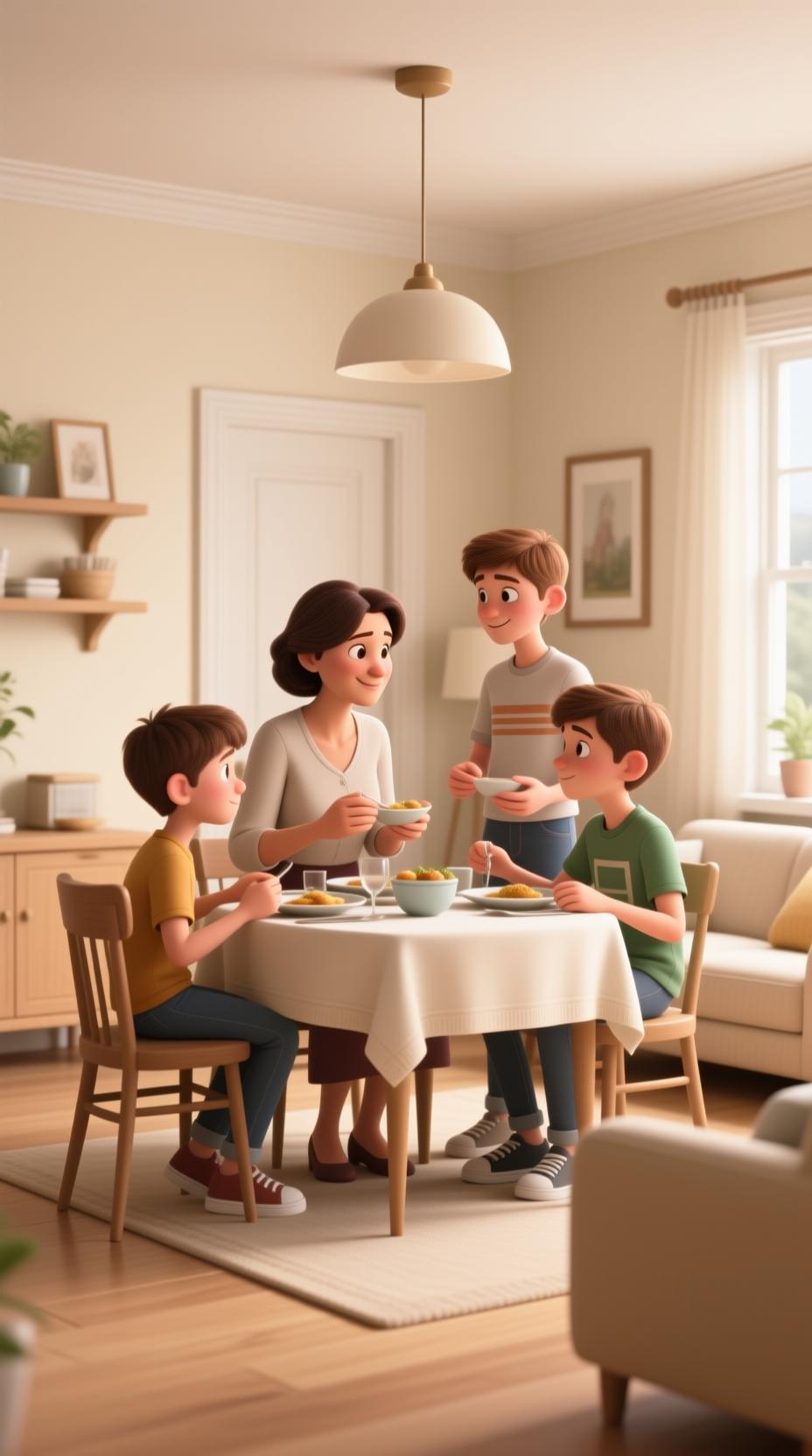 warm family moment in German home with mother and teenagers