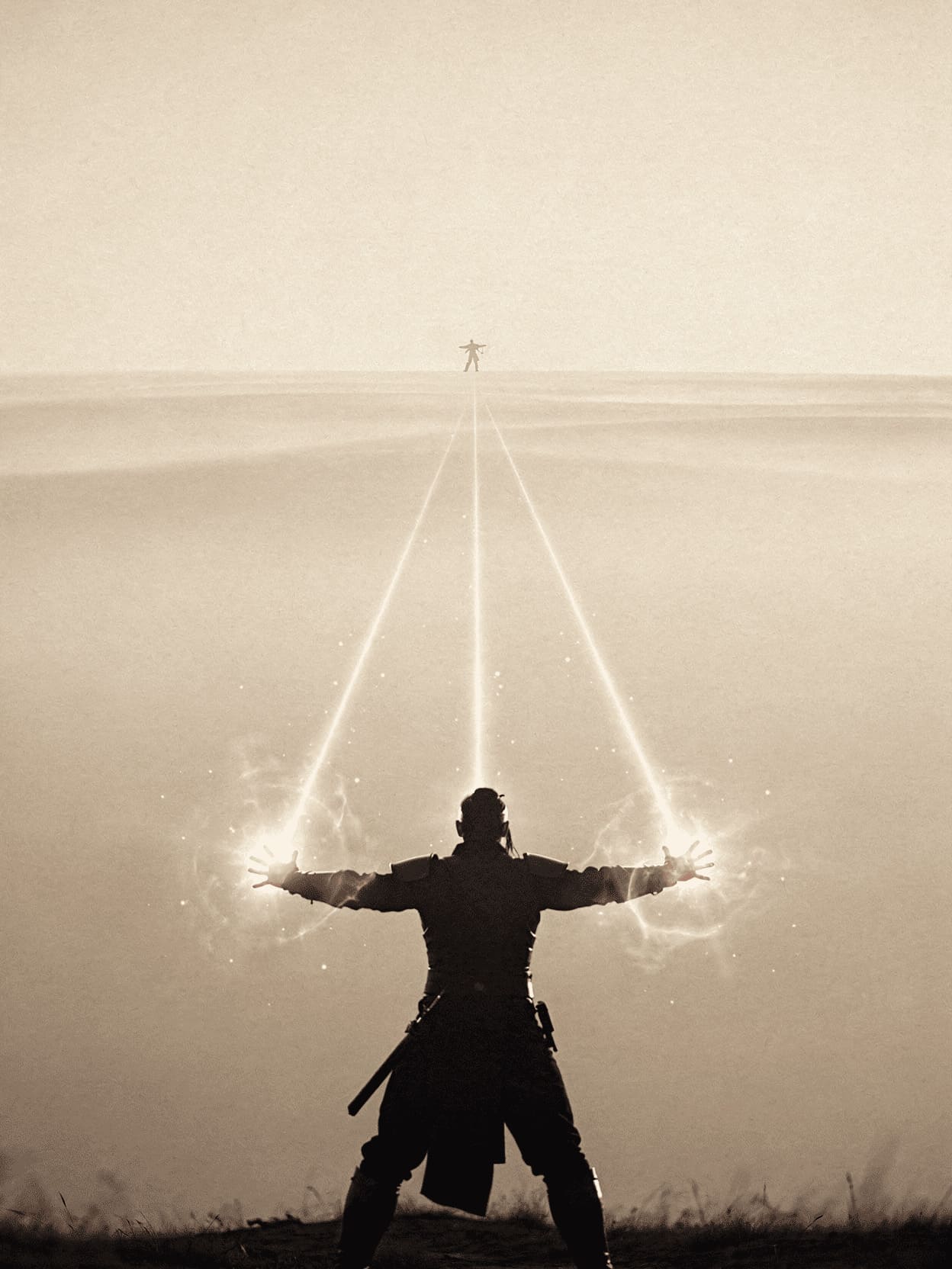 warrior silhouette projecting energy beams toward distant target