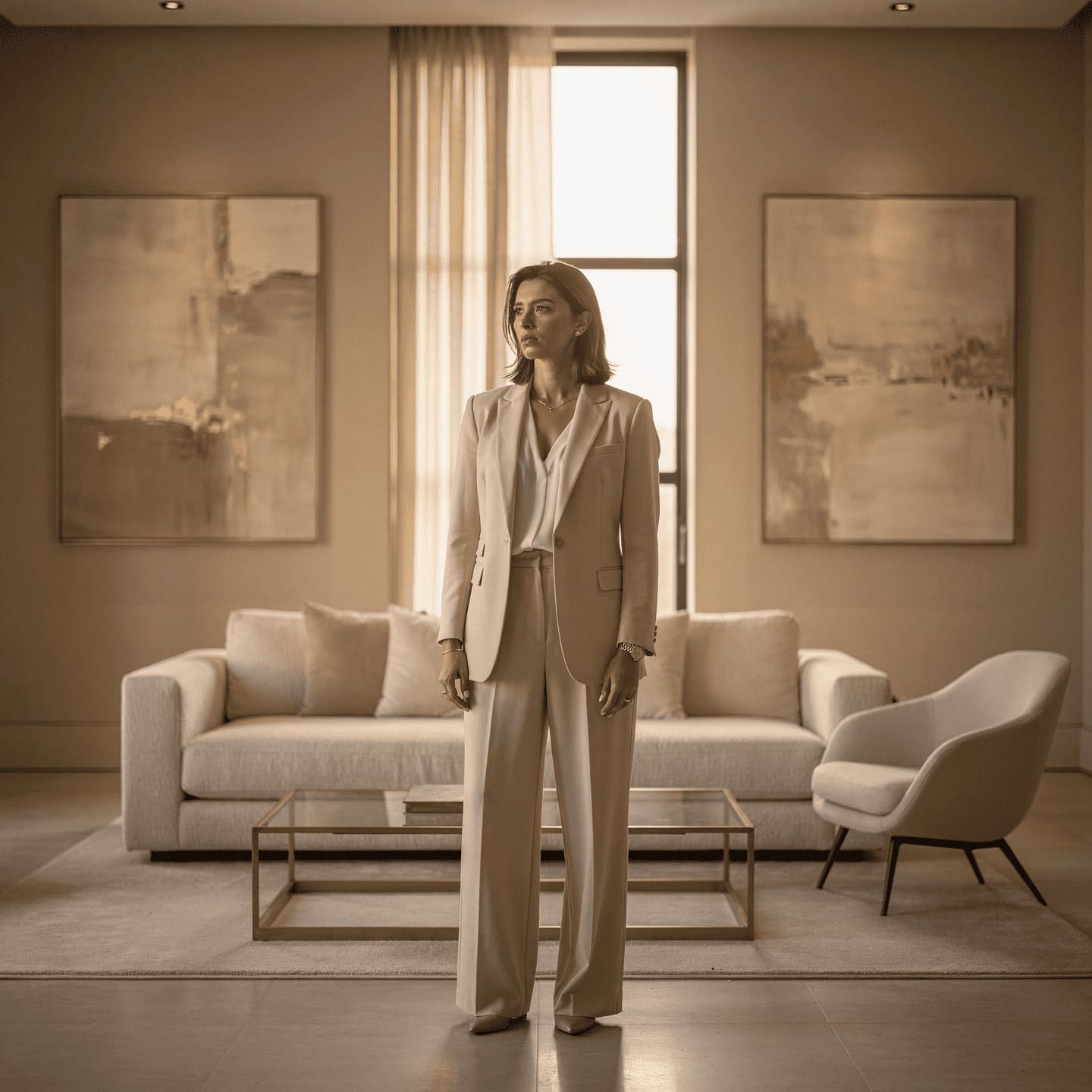 wealthy person surrounded by possessions looking empty and disconnected