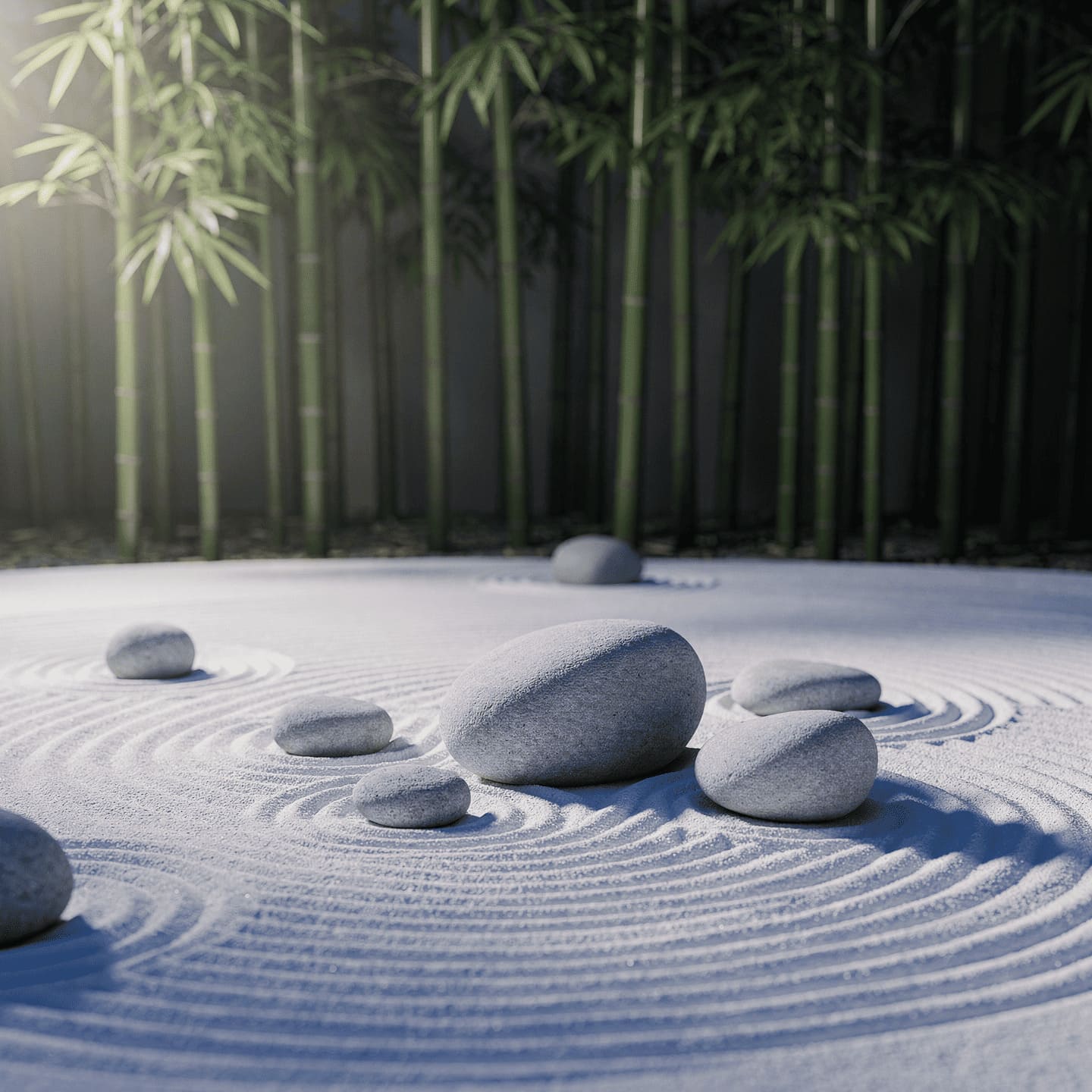 zen garden meditation stones bamboo peaceful